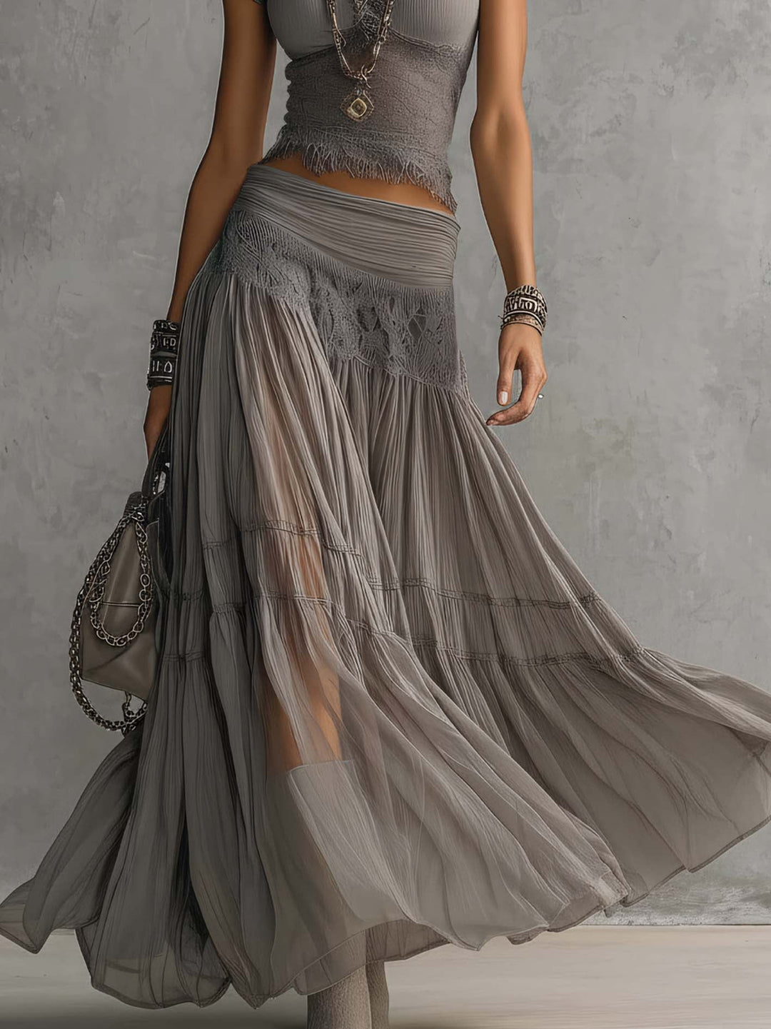 Elena Lace-Paneled Top and Pleated Maxi Skirt Set - Elena Harper