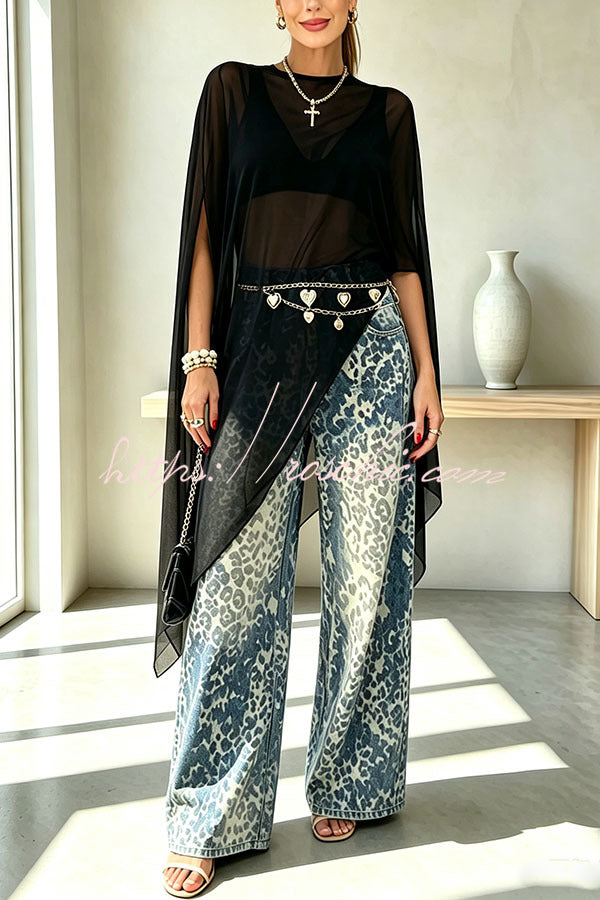 Stylish and Distinctive Leopard Print Denim High Rise Pocket Wide Leg Jeans