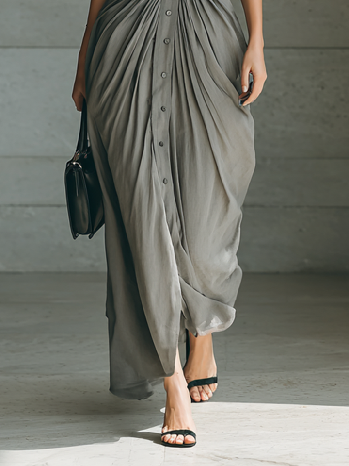 Women's Elegant Pleated Long Dress with Belt - Timeless Style