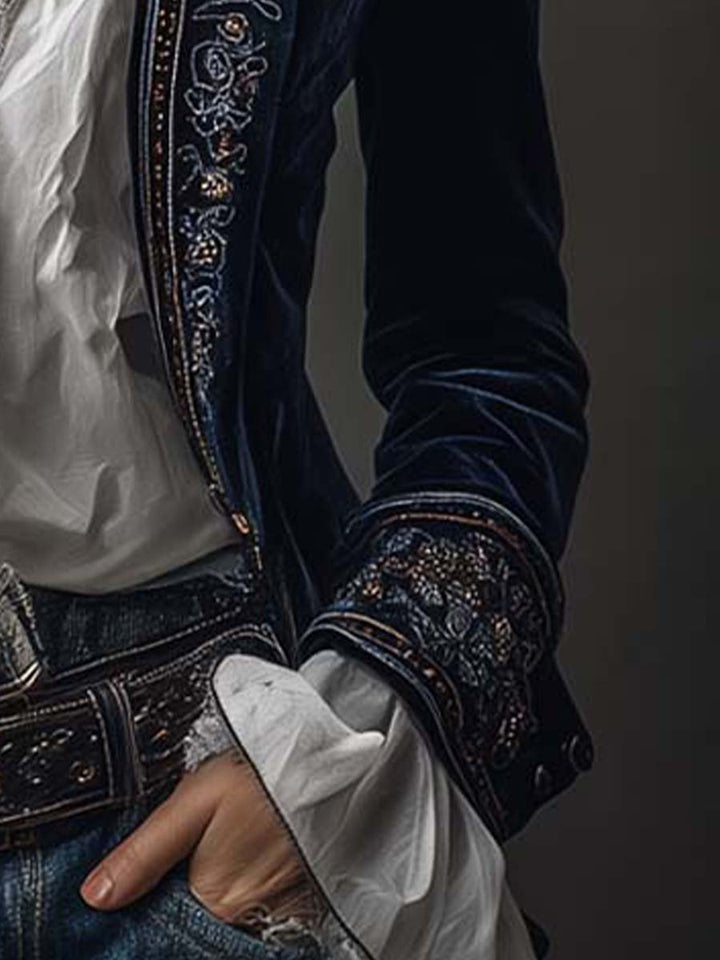Cleo - Women's Vintage Navy Embroidered Longline Jacket