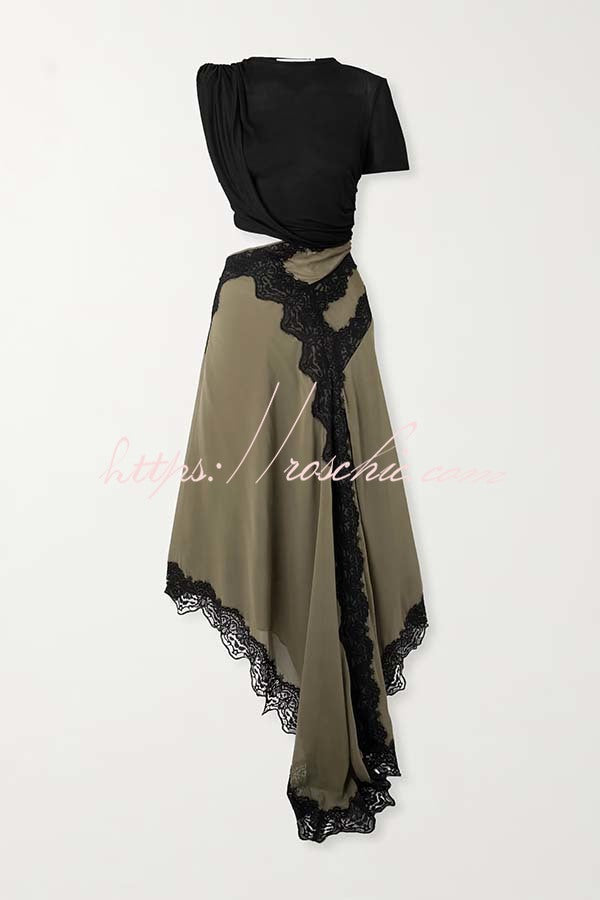 Verve Ribbed Jersey Cutout Waist Asymmetric Satin Lace Hem Maxi Dress, view 7 - Elena Harper