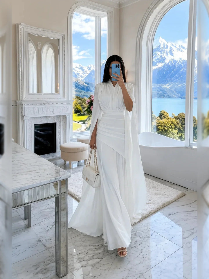 White V-Neck Cape Sleeve Ruched Waist Floor-Length Maxi Dress