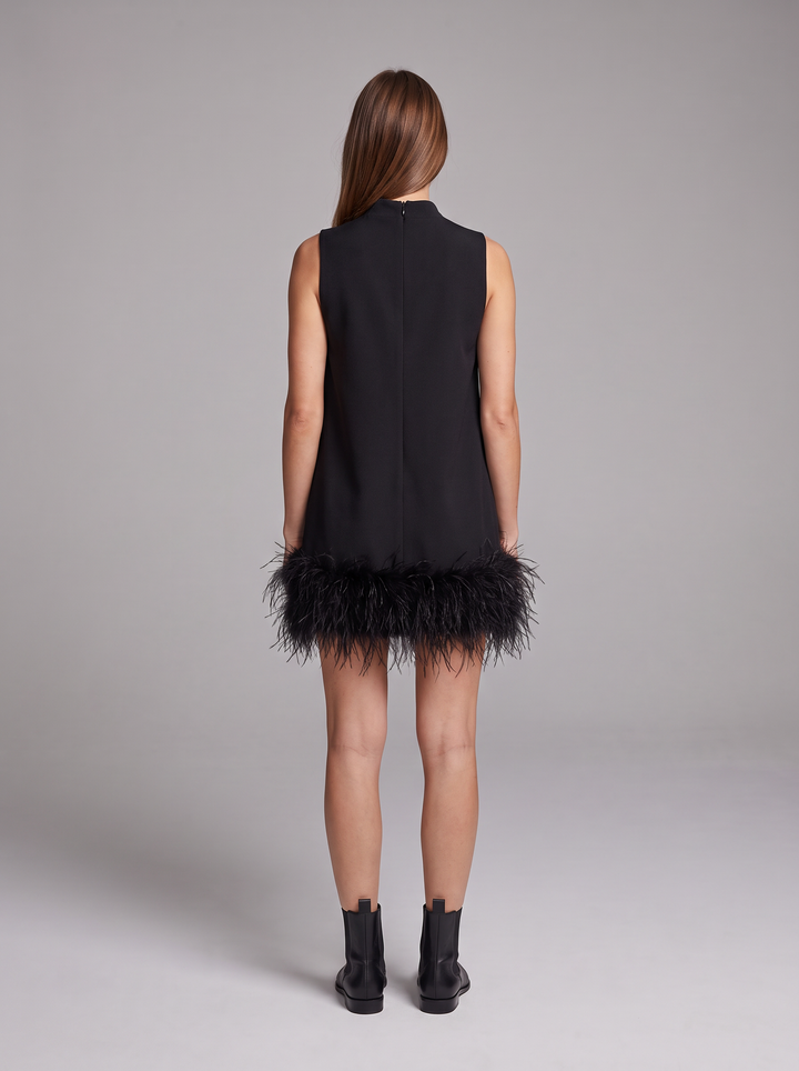 Feather Hem Mock Neck Cocktail Mini Dress