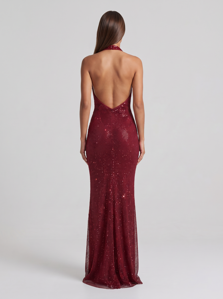 Burgundy Sequin Halter Maxi Dress