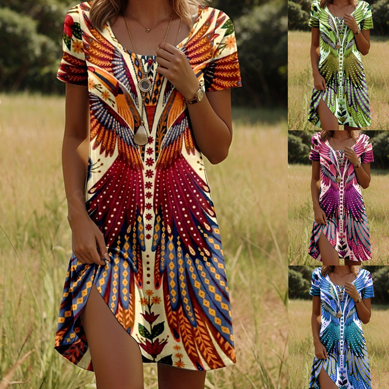 Short Dress with Ethnic Print, Light Cut, Short Sleeves, view 7 - Elena Harper