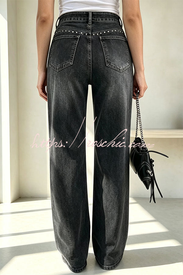 Trendy and Unique Denim Beaded High Rise Pocket Straight Leg Jeans