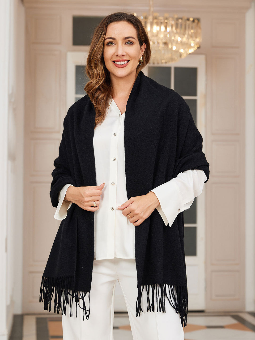 Elegant Soft Women's Wool Scarf with Fringes, view 10 - Elena Harper
