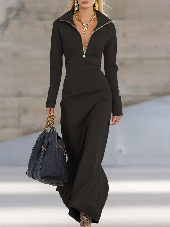 Long Pink Retro Sporty Dress with V-Neck and Front Zipper, Long Sleeves - Elena Harper