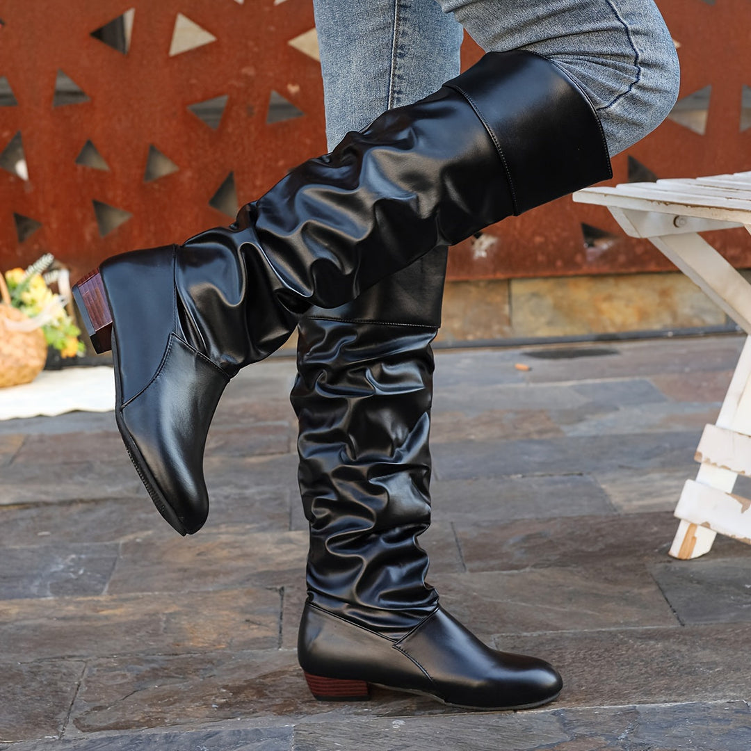 Evelyn | Women's Slouch Knee-High Boots with Low Block Heel