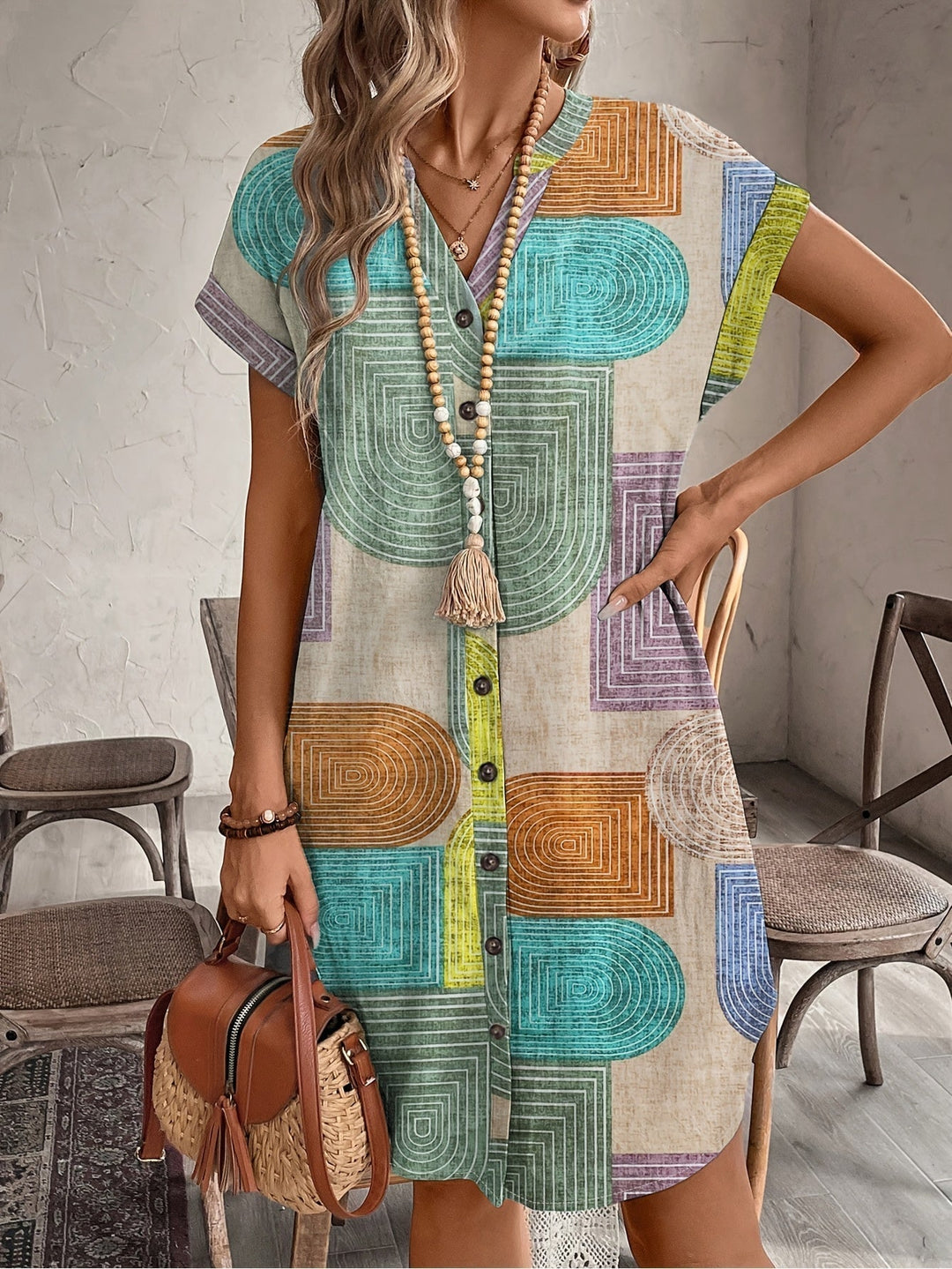 Mira Geometric V-Neck Summer Dress - Elena Harper
