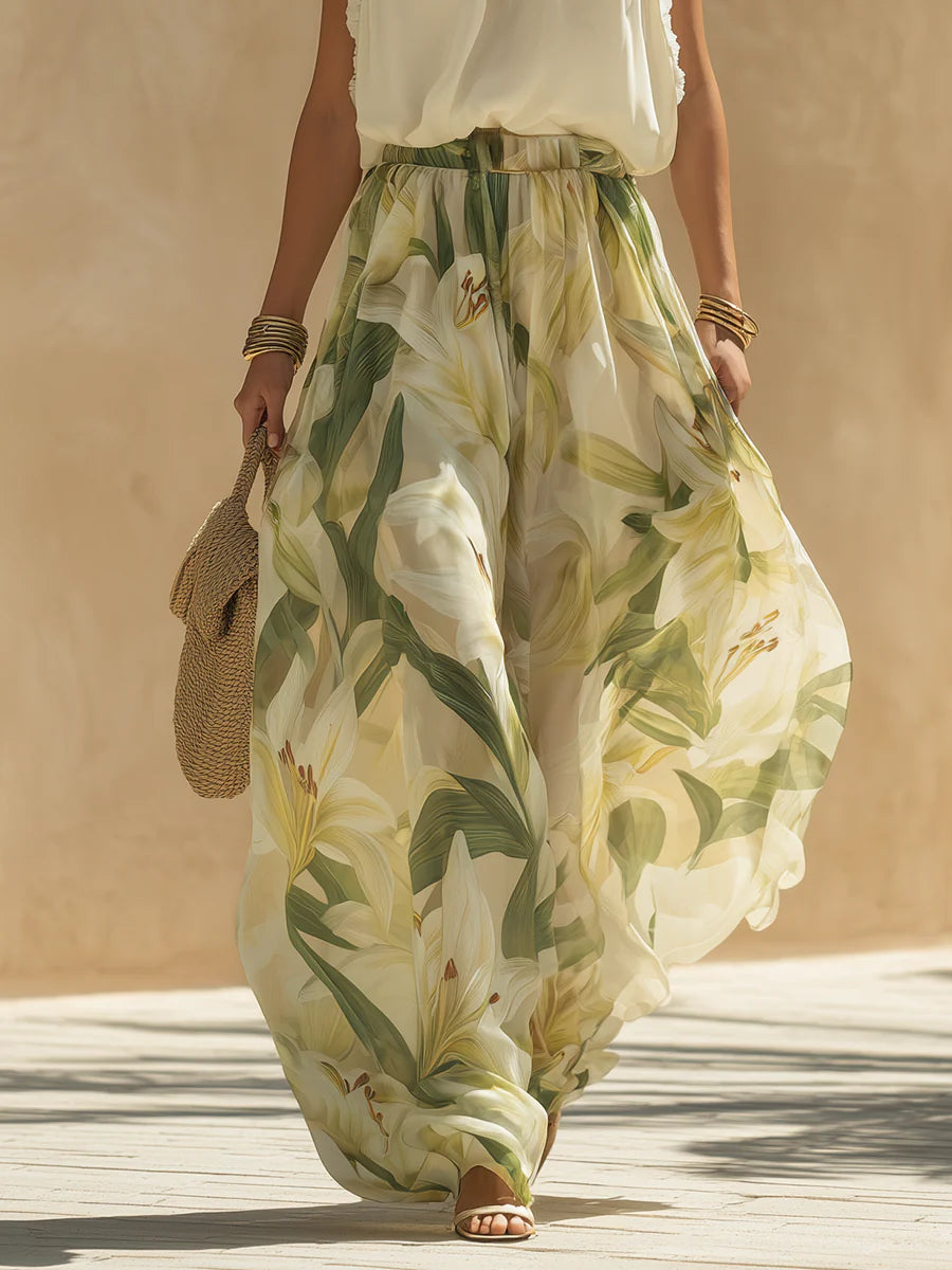 Alessandra Chiffon Sleeveless Top with Ruffles and Lilium Print Trousers - Elena Harper