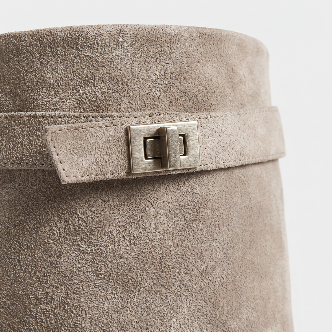 Beige Buckle Knee High Boots