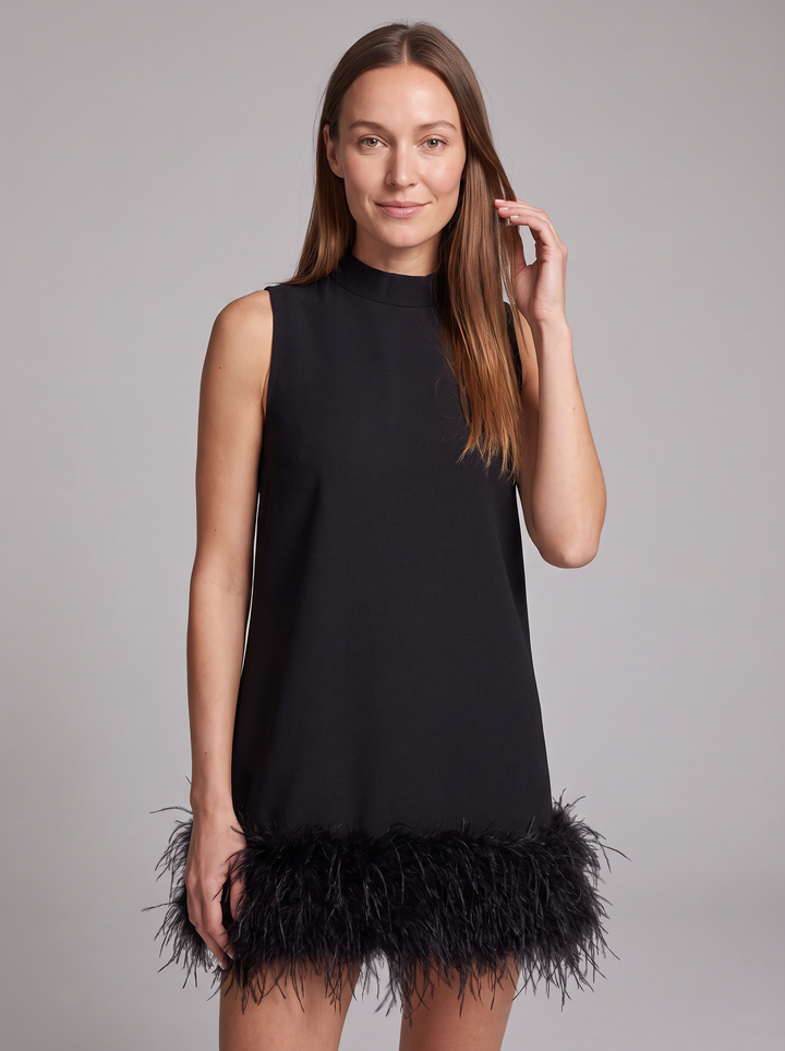 Feather Hem Mock Neck Cocktail Mini Dress