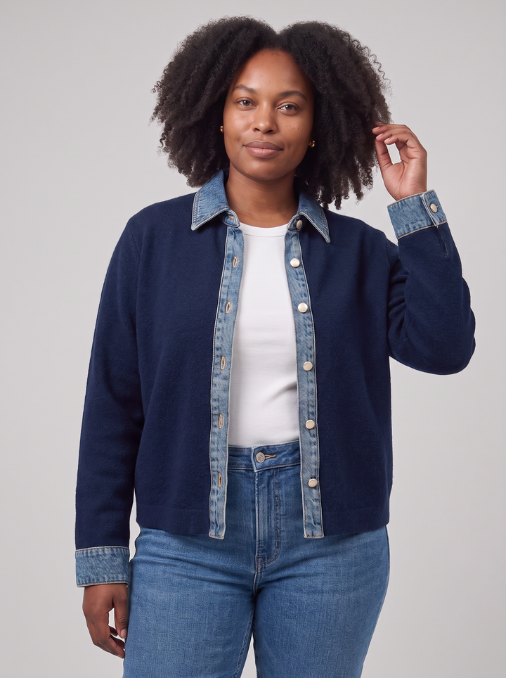 Navy Denim Collar Gold Button Cardigan