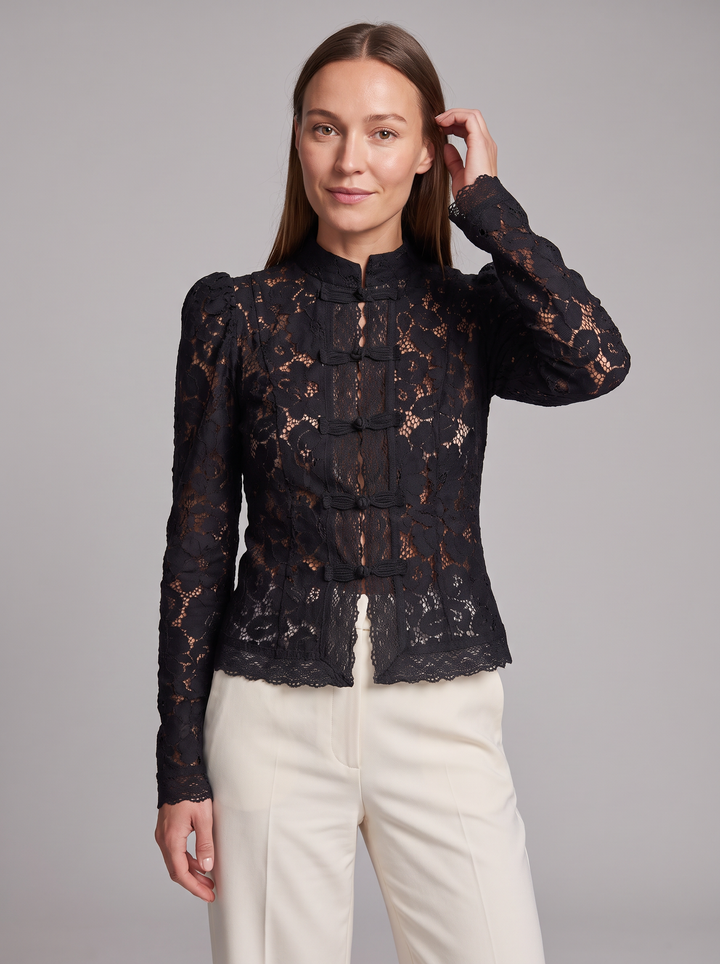 Black Lace High Neck Long Sleeve Top