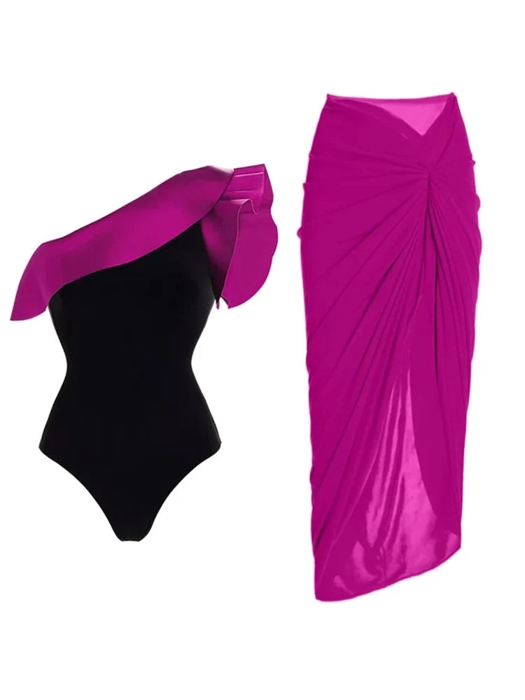 Ruffle Colorblock Retro One Piece Swimsuit