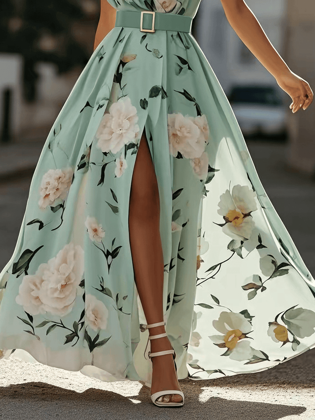 Julie Light Green Floral Chiffon One-Shoulder Maxi Dress - Elena Harper