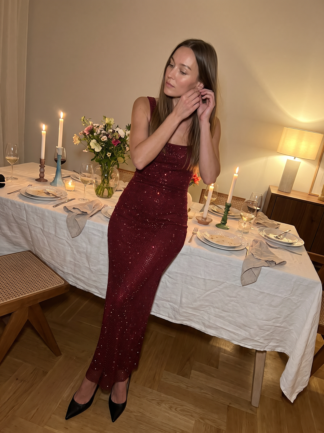 Burgundy Sequin Maxi Dress Gala