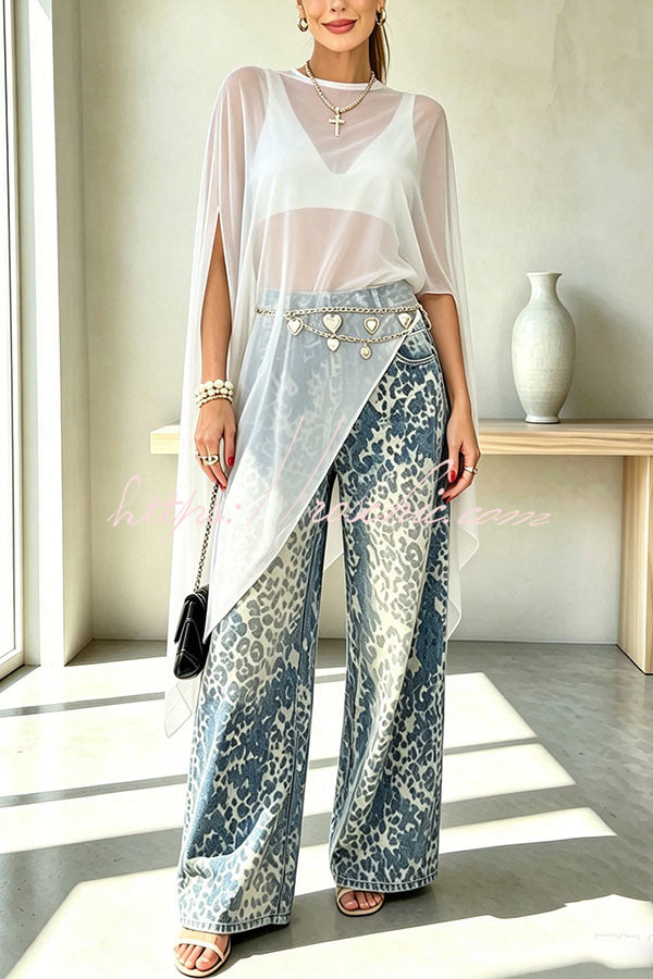 Stylish and Distinctive Leopard Print Denim High Rise Pocket Wide Leg Jeans