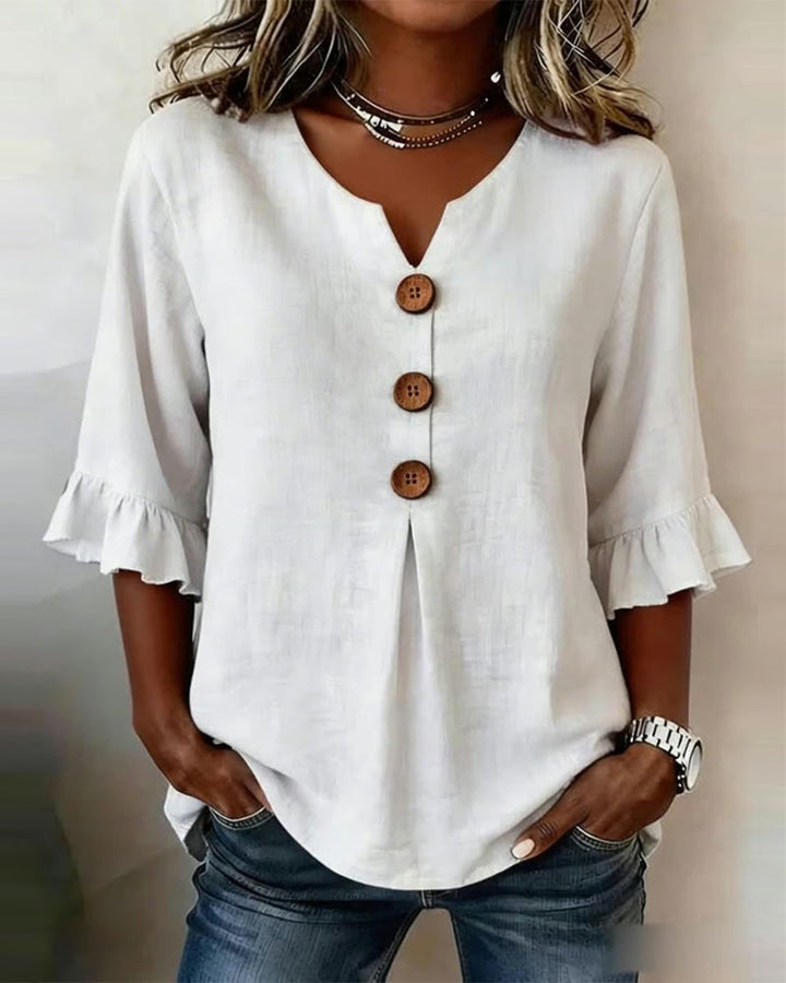 Janet V-Neck Blouse with Wooden Buttons and Ruffled Sleeves - Elena Harper