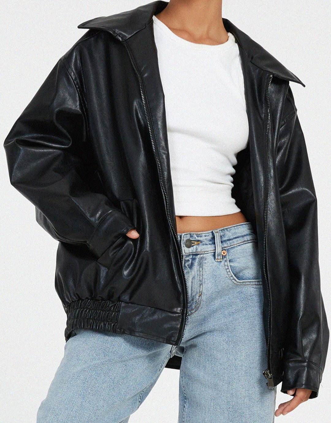 Luxury Women's Leather-Look Bomber Jacket with Oversized Fit