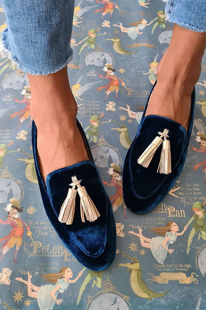 Midnight Elegance Loafers with Champagne Tassel Details - Elena Harper