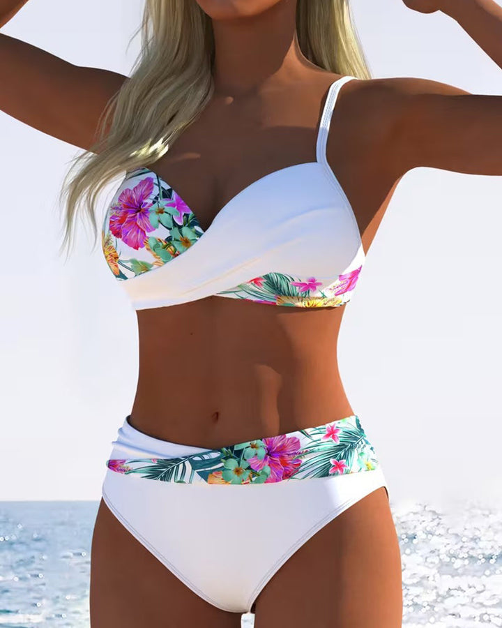 Women’s Floral Contrast Bikini with Elegant Thin Straps