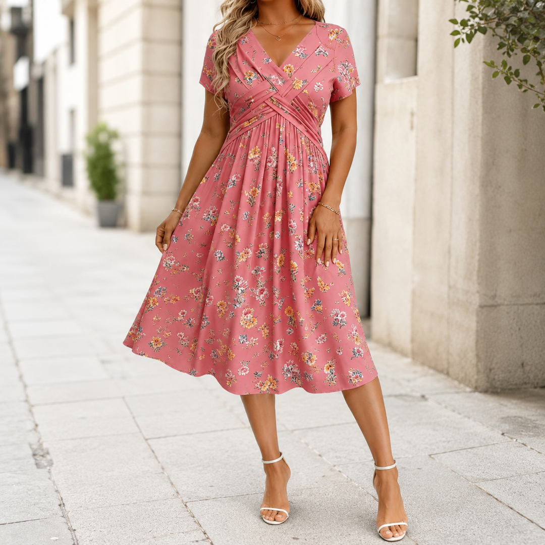 Marloes™ | Floral Belly-Camouflaging Midi Dress with V-Neck