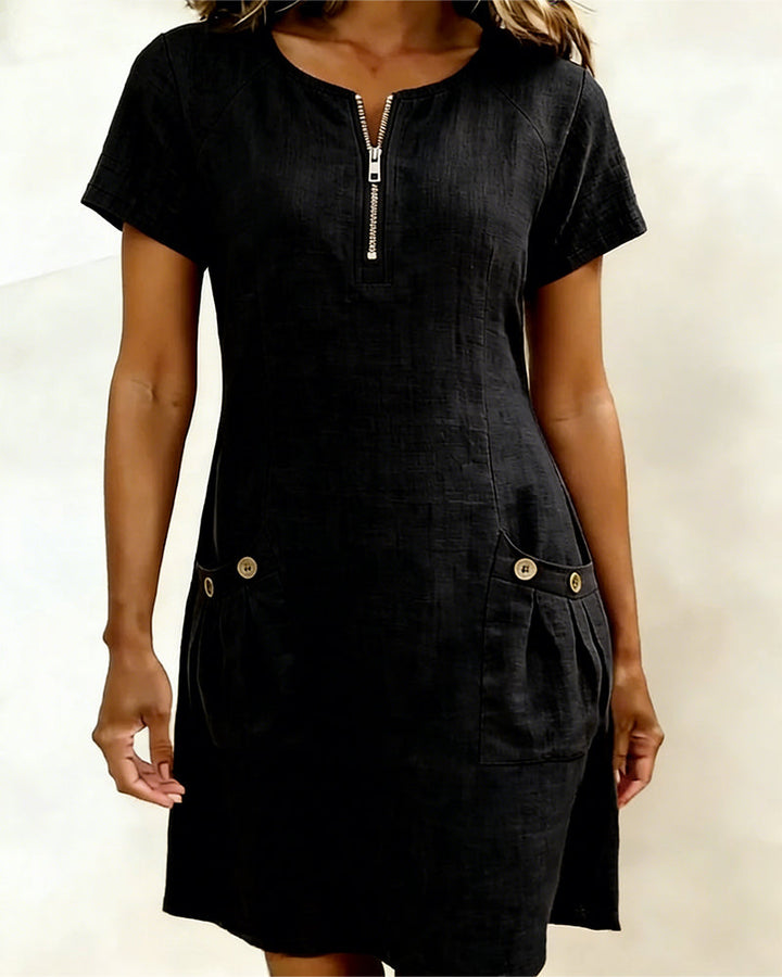 Short Linen and Cotton Dress with Zipper Closure Elegant A-Line Cut - Elena Harper