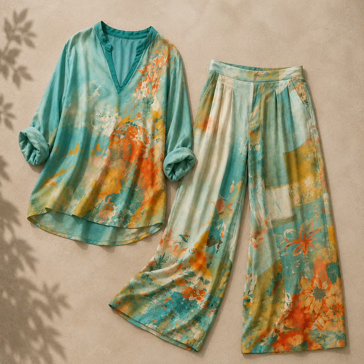 Women's Floral Print Outfit with Wide-Leg Pants - Chic and Refined