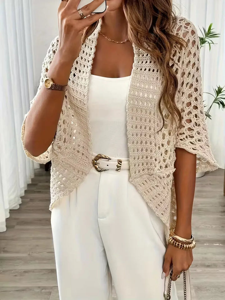 Women’s Crochet Cardigan - Light Beige Openwork Knit
