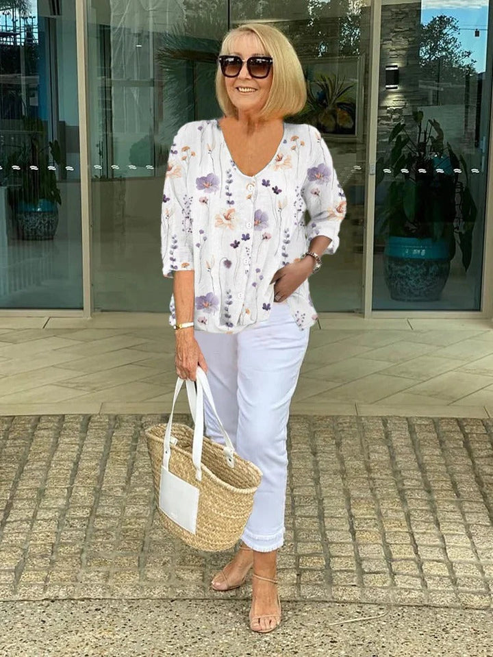 Teresa Elegant Floral Blouse with Buttons, view 3 - Elena Harper