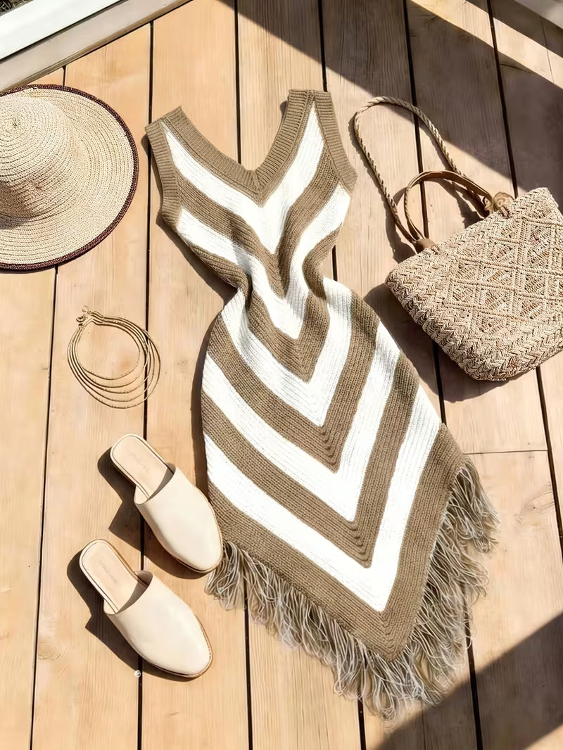 Foley Beach Cover-Up Dress with Fringe Hem made of Stretch Fabric, view 7 - Elena Harper
