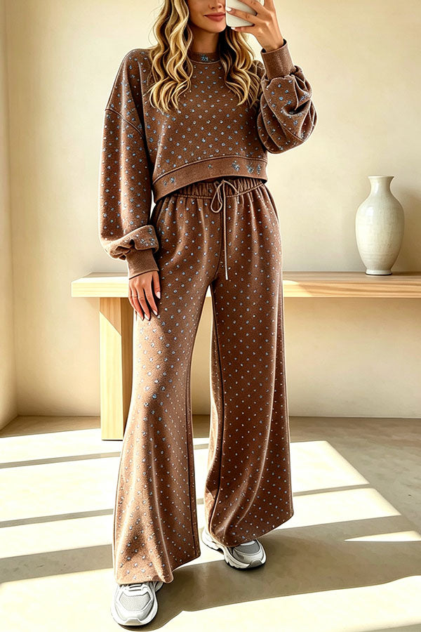 Relaxed and Casual Polka Dot Print Long Sleeve Sweatshirt and Drawstring Elastic Waist Pants Set