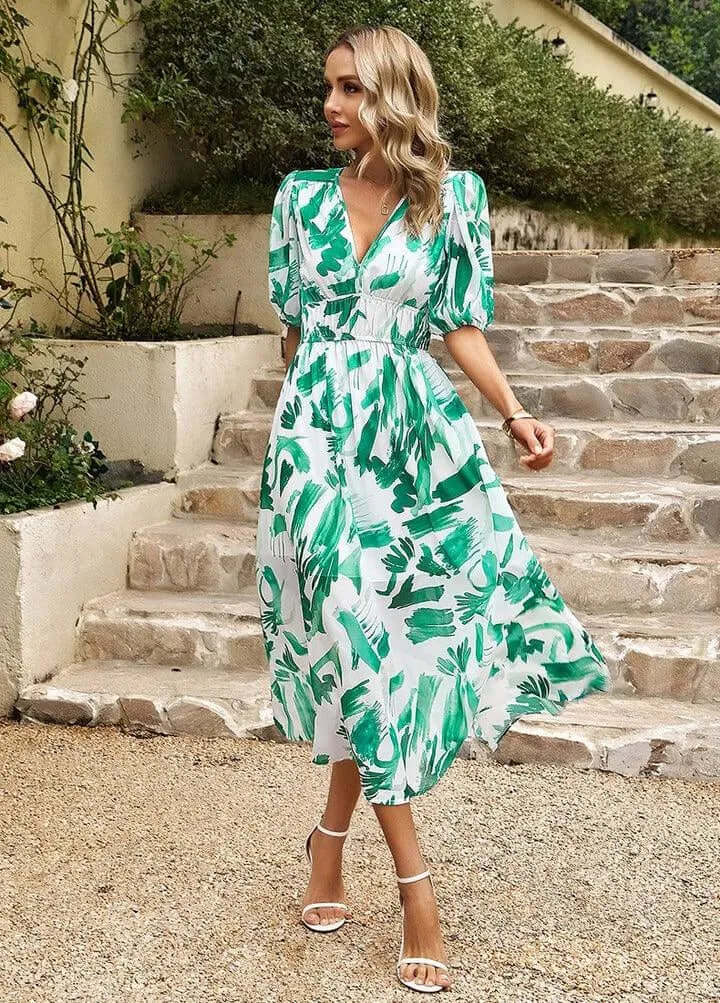Women's Puff Sleeve Midi Dress with Cinched Waist - Elena Harper