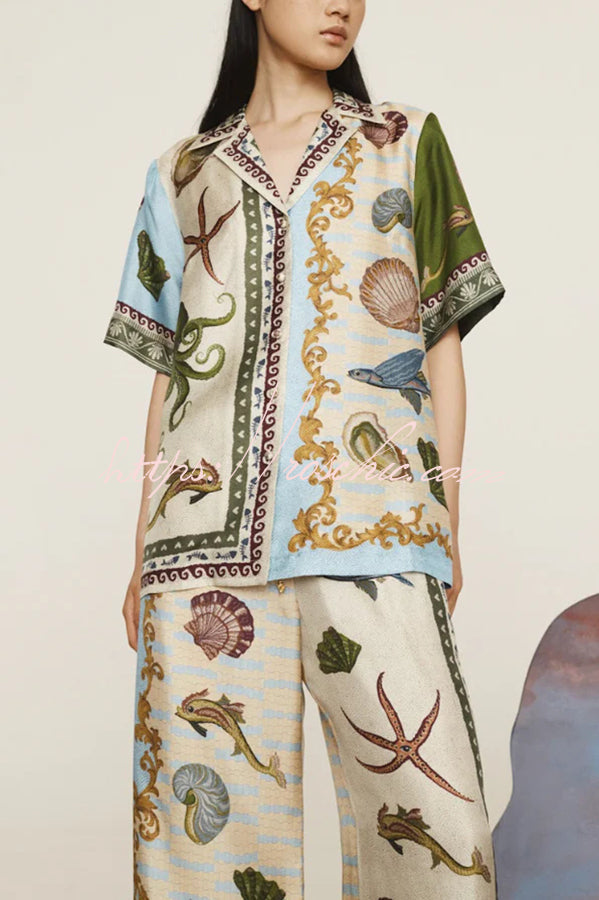 Deep Sea Dreaming Satin Unique Print Short Sleeve Shirt and Elastic Waist Pocketed Pants Set, view 8 - Elena Harper