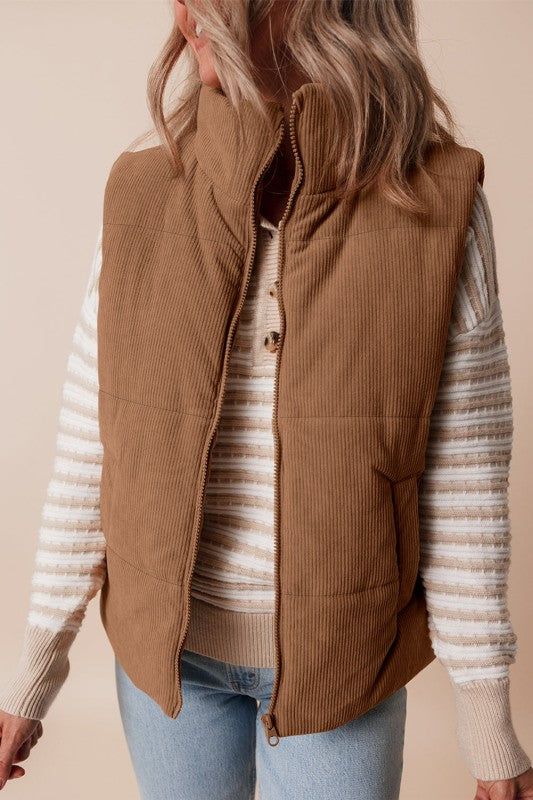 Padded Corduroy Vest with High Collar for Women - Norayne