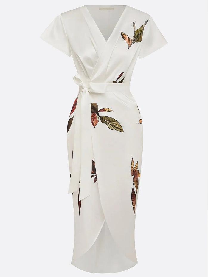 Form-fitting Florence satin dress with short sleeves and white leaf pattern - Elena Harper