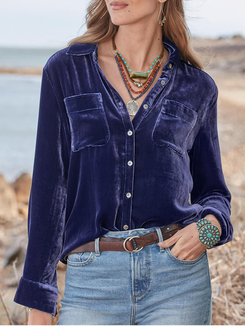 Long Sleeve All-Match Velvet Loose Shirt, view 3 - Elena Harper