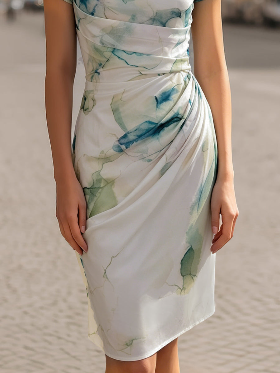 Women's Draped Cowl Neck Printed Midi Dress for Elegant Style