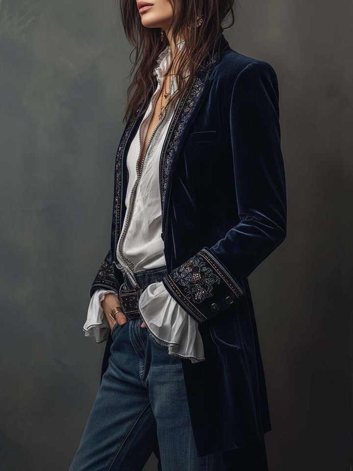 Cleo - Women's Vintage Navy Embroidered Longline Jacket