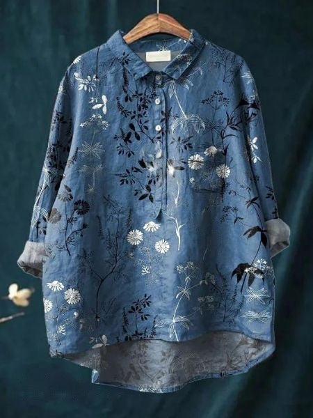Leonie Women's Floral Blouse with Button Placket and Pocket, view 9 - Elena Harper