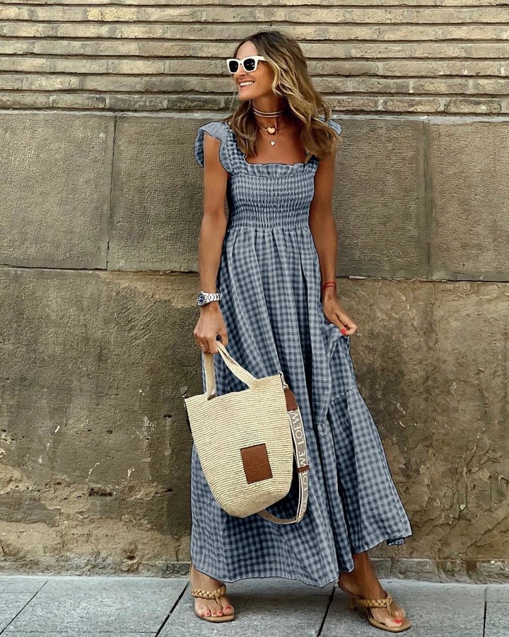Women's Elegant Plaid Smocked Maxi Dress