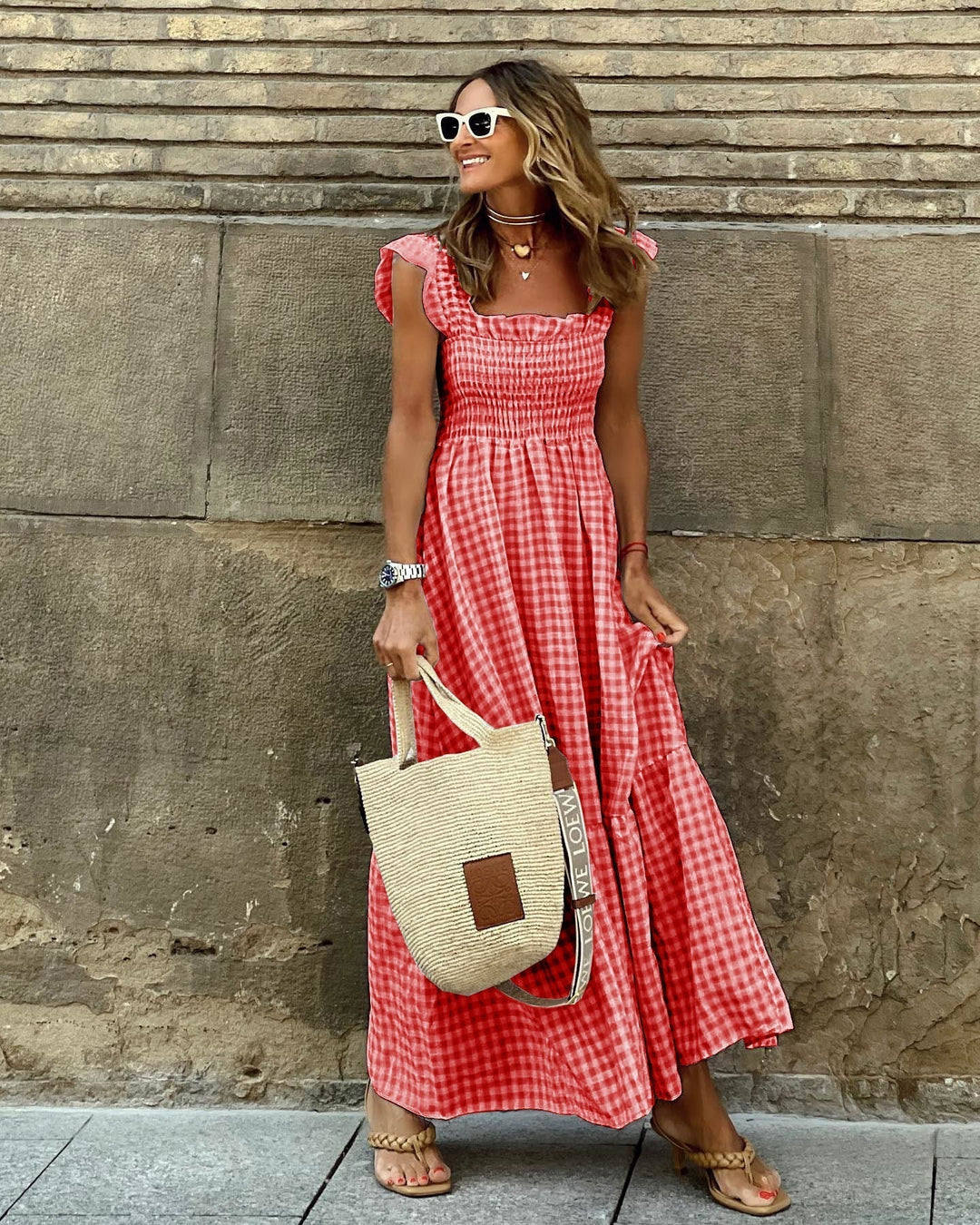 Women's Elegant Plaid Smocked Maxi Dress