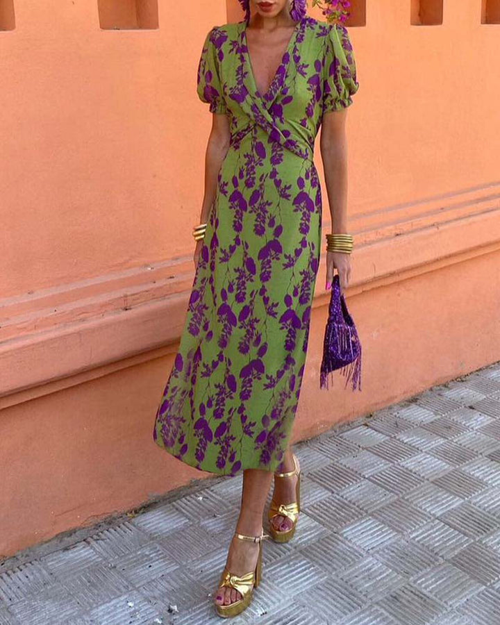 Aria Elegant Deep V-neck Dress With Leaf Pattern - Elena Harper