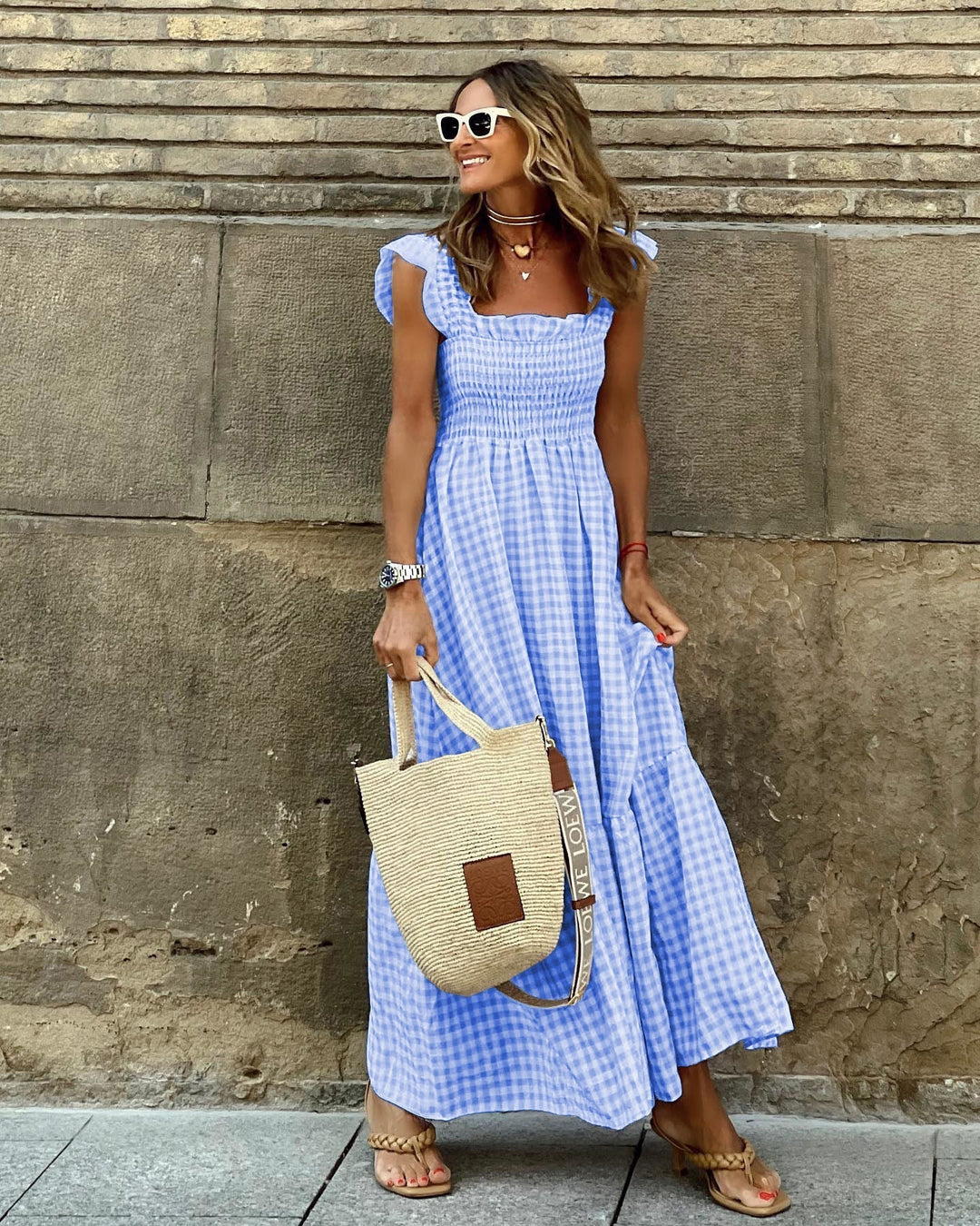Women's Elegant Plaid Smocked Maxi Dress
