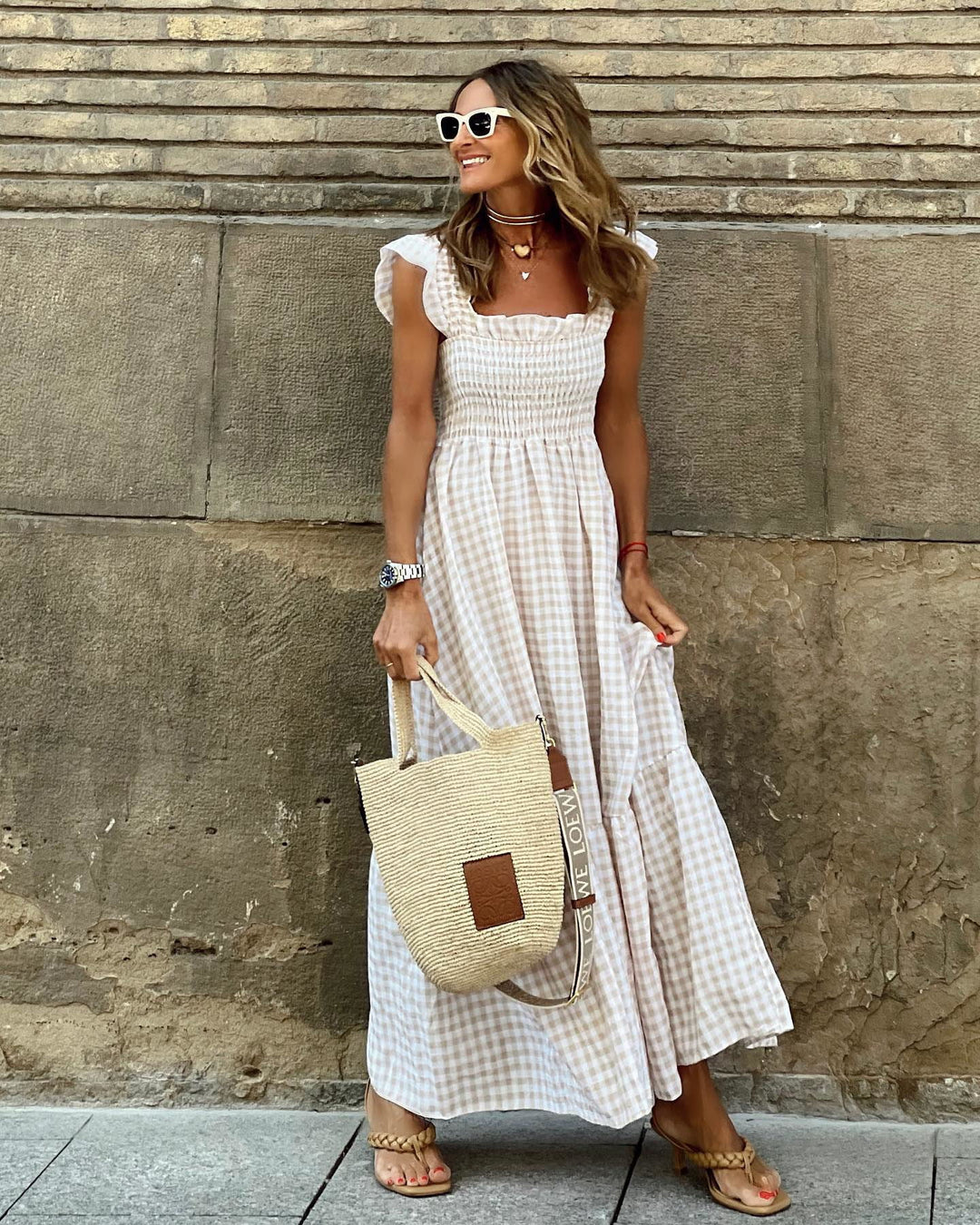 Women's Elegant Plaid Smocked Maxi Dress
