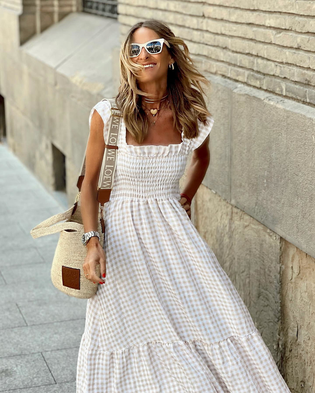 Women's Elegant Plaid Smocked Maxi Dress