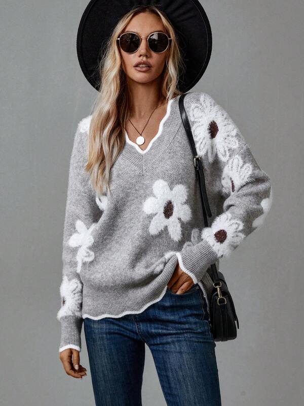 SOFIA – FLORAL KNIT V-NECK SWEATER