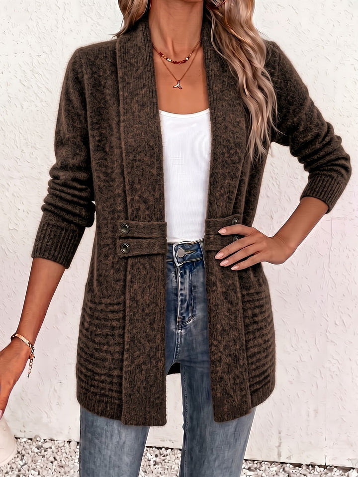 Cynthia | Women's Ribbed Cardigan with Button Tab in Chocolate